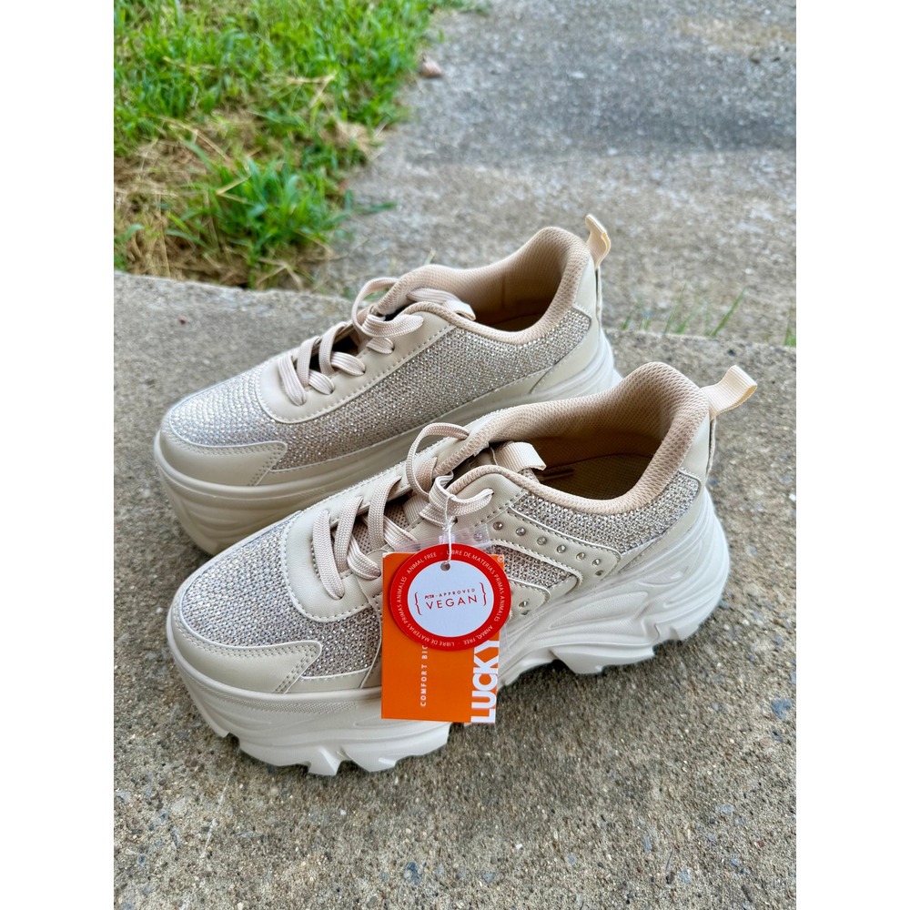 Lucky Step Women Beige Rhinestone Platform Sneakers Vegan Air Cooled Size 9